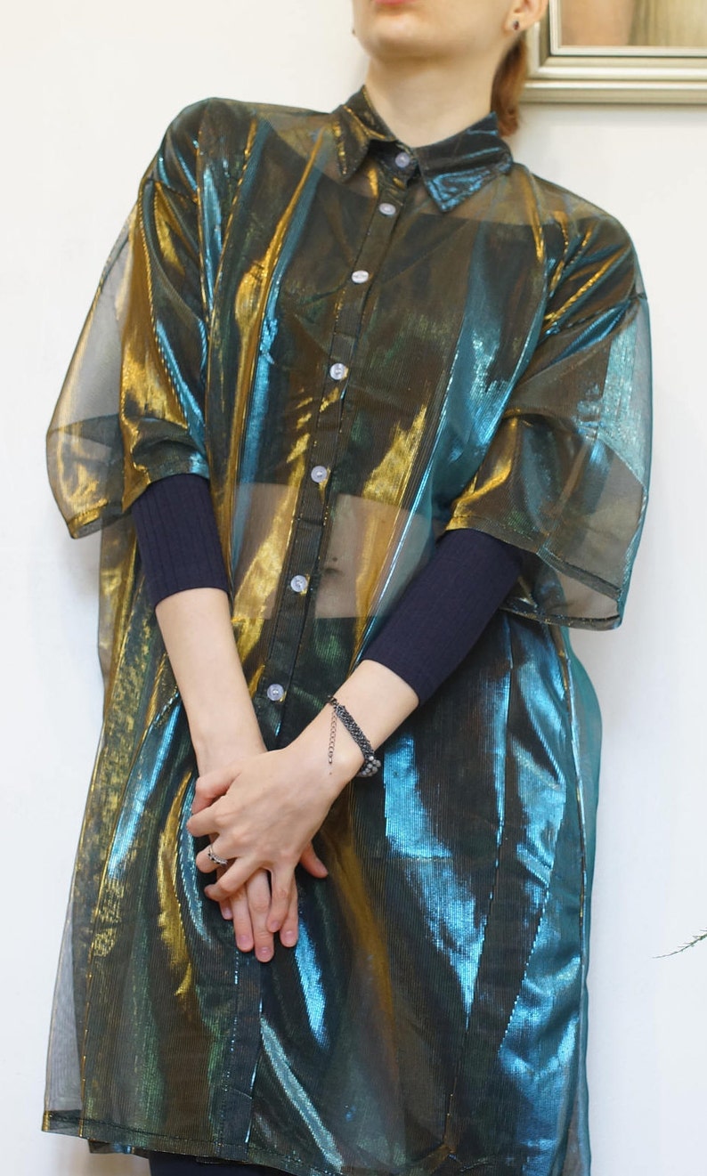 Duochrome Holographic Top Festival Tunic Bohemian Green Shirt Green Blue Women Sheer Blouse Transparent Mesh Half Sleeve Shirt