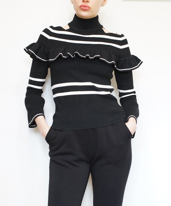 Vintage Black Top, Black Pullover, Stripe Sweater