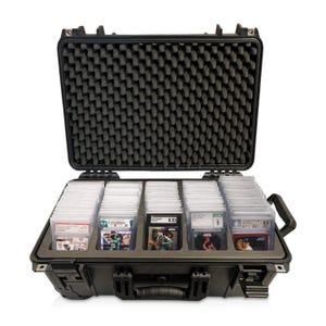 May include: Black hard-shell case with foam interior for storing and transporting trading cards. The case is open and shows rows of trading cards in protective plastic sleeves.