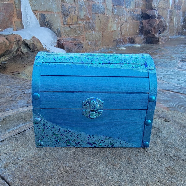 Mermaid Blue Themed, Treasure Chest, Birthday Gift, Keepsake Box, Jewelry Box, Medium Sized Keepsake Box,  Handcrafted Wood Box