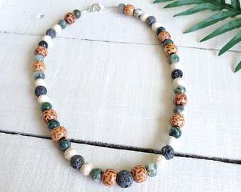 Wood, Tree Agate and Lava Bead Necklace