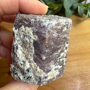 May include: A raw, rectangular gemstone with a mix of purple and white hues. The stone has a rough, textured surface with visible crystalline structures. The gemstone is held in a hand, with a wooden surface and green foliage in the background.