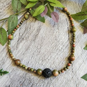 Unakite Jasper & Lava Bead Necklace: Silver Clasp Choker