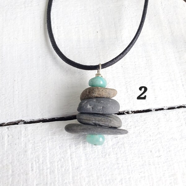 Cairn Necklace, River rock Stack Pendants with Gemstone Accents