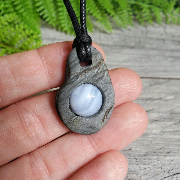 River Rock with Blue lace Agate Pendant Necklace - Adjustable Cotton Cord