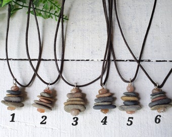 Cairn Necklace, River rock Stack Pendants with Sunstone Accent beads