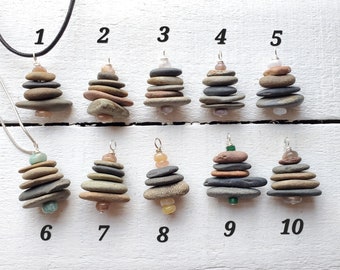 Cairn Necklace, River rock Stack Pendants with Gemstone Accent beads