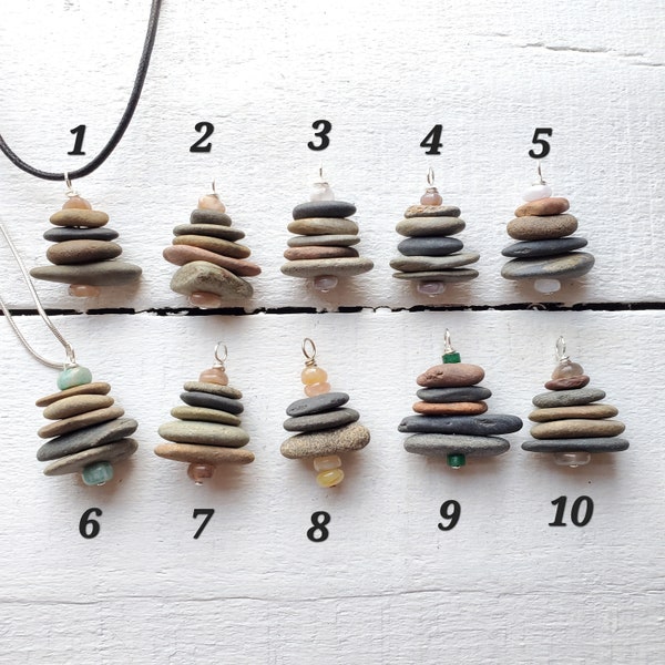Cairn Necklace, River rock Stack Pendants with Gemstone Accent beads