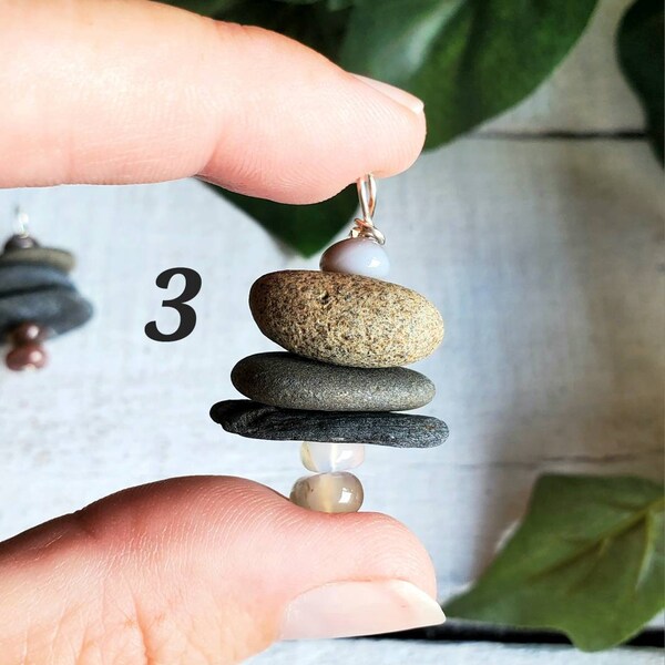 Cairn Necklace, River rock Stack Pendants with Agate Pebble Accents