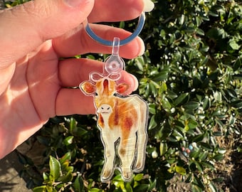 Könnte beinhalten: Ein Schlüsselanhänger aus klarem Acryl, der ein braunes und weißes Kalb darstellt. Der Schlüsselanhänger ist an einem silbernen Metallring befestigt.