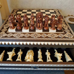 Wooden chess &quot;Royal Light&quot; board + pieces, Exclusive handmade wood carving big large Anniversary gift for husband Carved wood Maple, Walnut
