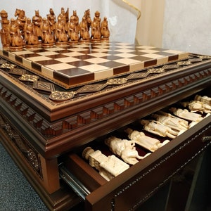 Chess set "Battle for Kings"+Knights, Wooden board with storage for pieces- 2 drawers woodcarving handmade Exclusive gift for Anniversary