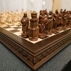 Holz Schachset &quot;Ritter&quot;аnd&quot;The Cossacks&quot; Brettstücke Holzschnitzerei Handarbeit Familienspiel Unikat exklusives Schach Geschenk für Mann Freund