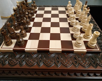 Chess set wood maple,walnut wooden chess board classical pieces carving handmade family game unique exclusive gift- husband father boyfriend
