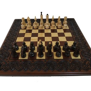 Chess board  with storage for pieces &quot;Classic Luxe&quot;, carving ash solid wood, hand made wooden game Wedding Anniversary gift for husband