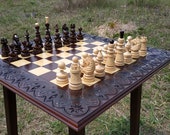 Chess set board table quot Pleasure game quot pieces wood wooden classical pieces wood carving handmade family game Anniversary gift for son husband