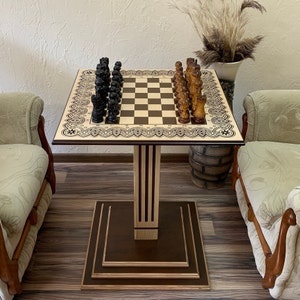 Chess Set : Wooden Board/Table + unique pieces &quot;Elegant&quot; , Avory color , handmade exclusive Family Game Wedding gift, Annyversary, Birthday