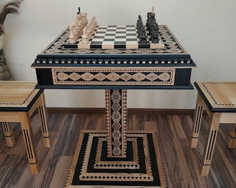 Chess table "Bright Victory" in Black, storage for "Elite'' pieces+two stools,chess wooden set ash wood,Anniversary gift for your husband