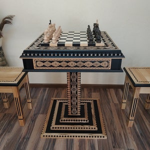 Chess table &quot;Bright Victory&quot; in Black, storage for &quot;Elite&#39;&#39; pieces+two stools,chess wooden set ash wood,Anniversary gift for your husband