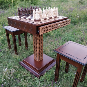 Chess table set &quot;The Art of a Winner&quot; with storage- two drawers for chess pieces Knights, chess table modern furniture, ash wood woodcarving