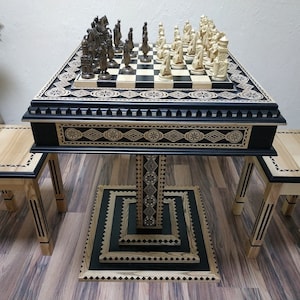 Handmade Ash Wood Chess Table with Storage & Stools