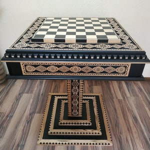 Chess table &quot;Bright Victory&quot; in Black, storage for pieces+two stools,chess set ash wood,Anniversary gift for husband