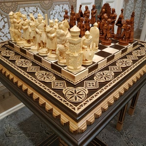 Wooden Chess set &quot;Bright Victory&quot; board, Battle of Thrones+Knights large pieces, personalized family chess, exclusive Birthday Wedding gift