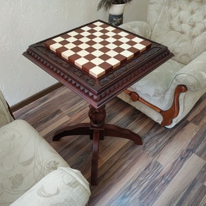 Chess table/board &quot;Luxury Leaves&quot; exclusive wooden table furniture,chess set board modern, ash and maple carving handmade, Anniversary