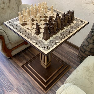 Chess Set: Board / Table + exclusive wooden pieces Cossacks & Knights , handmade carved wood, gift for father Husband Boyfriend Annyversary