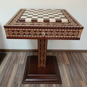 Wooden chess table/board &quot;The Art of a Winner&quot; storage-two drawers, table furniture, ash wood , unique handmade woodcarving Anniversary gift