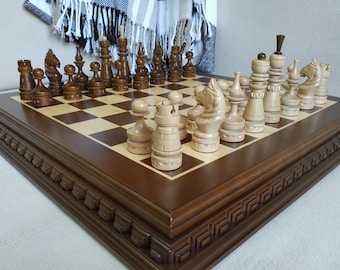 Wooden Chess set, classical chess board with pieces, handmade by Elen Elite brand, Excellent Anniversary gift for husband. Solid ash wood