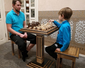 Chess set &quot;Bright Victory&quot; from solid ash wood, wooden board/table furniture, stools, chess pieces handmade modern Wedding Anniversary gift