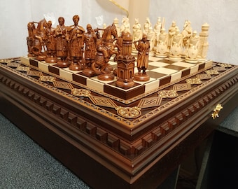 Chess set wood: board with storage for Knights+Cossacks chess pieces woodcarving handmade wooden chess Christmas gift for husband father,son