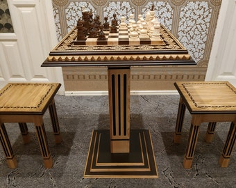 Bright Victory- wooden chess set, table ash, maple wood, stools, classic pieces woodcarving handmade Anniversary gift for husband father son