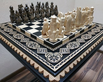 Handmade Wooden Chess Set: Large Knight Pieces, Black & Natural Board