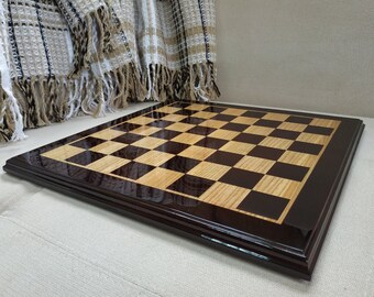Handmade Ash Wood Chess Board: Glossy Brown Finish, Family Game