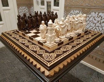 Chess set "Bright Victory" wooden board, Knights pieces Large, woodcarving personalized chess exclusive Anniversary gift for husband, father