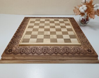 Handmade Walnut Wood Chess Board: Carved Eco Design, Gift for Man