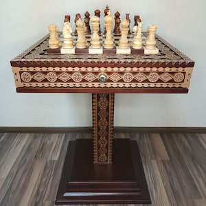 Wooden Chess table &quot;The Art of a Winner&quot; storage- two drawers for set of chess pieces &quot;Elegant classic&quot;, handmade modern furniture, ash wood