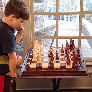 Wooden chess set: board + pieces Exclusive handmade big large wood chess pieces unique gift - husband father friend Carved wood chess pieces