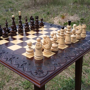 Chess set board/table &quot;Pleasure game&quot;+pieces wood wooden classical pieces wood carving handmade family game Anniversary gift for son husband