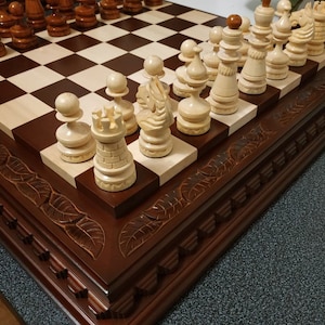 Wooden Chess set, chess board classical pieces wood carving handmade family game unique exclusive chess gift for husband, father, boyfriend