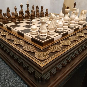 Chess set &quot;My KING / My Queen&quot; Wooden chess board pieces carved wood handmade chess family game Christmas gift for father husband son wife