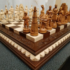 Wooden Chess set &quot;Battle of Thrones&quot; board pieces wood carving handmade family game unique exclusive chess gift for husband father boyfriend