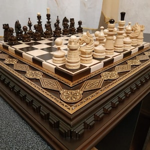 Chess set &quot;My KING / My Queen&quot; Wooden chess board pieces carved wood handmade chess family game exclusive gift for father, husband, son,wife