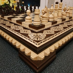 Wooden Chess set &quot;Royal Light&quot; unique board pieces wood carving handmade, exclusive Christmas gift for husband father wife son large chess