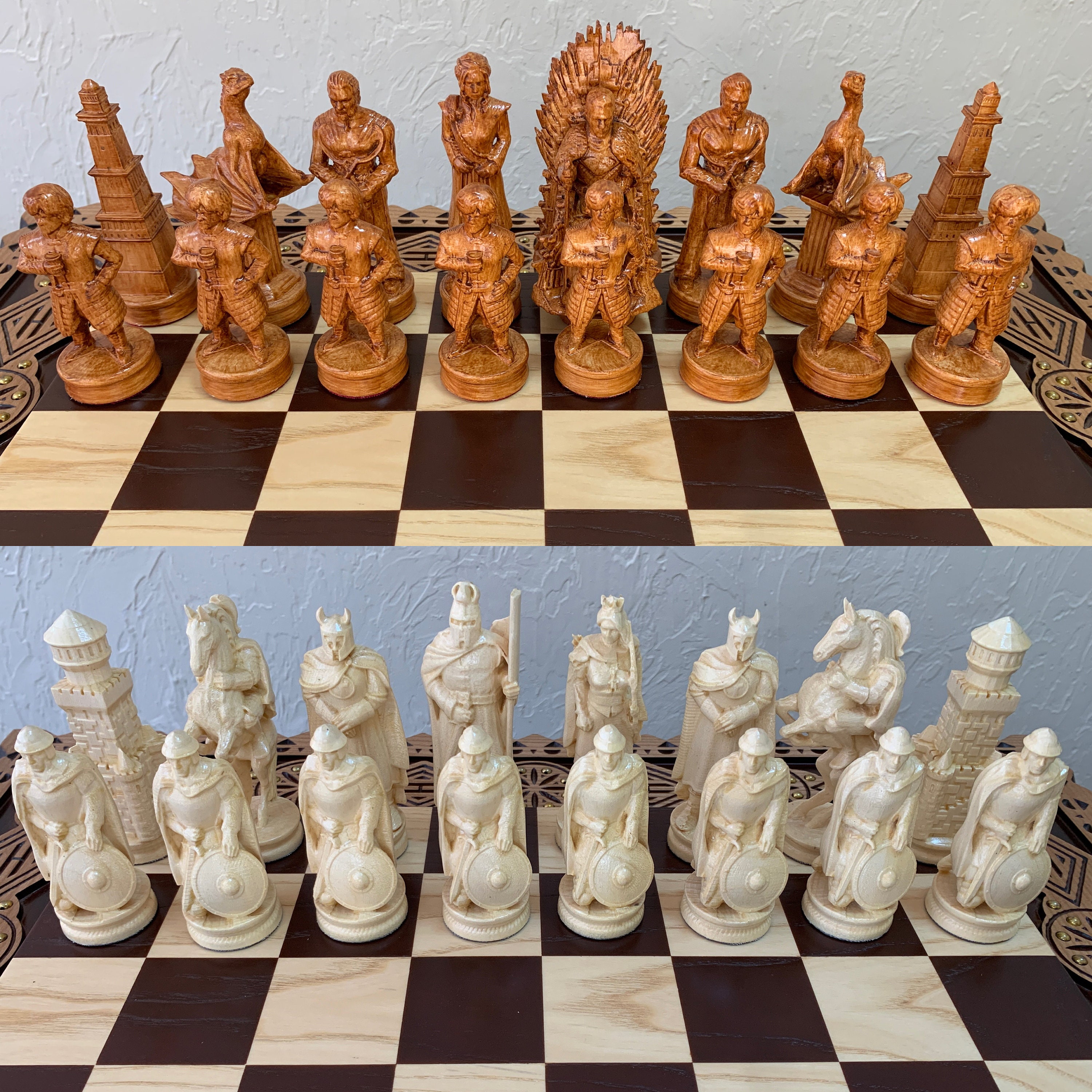 Wooden Chess pieces Knights & Battle of Thrones chess set large