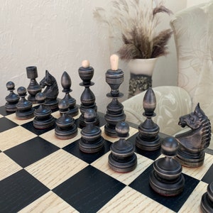 Handmade Black Stone Wooden Chess Pieces: Classic Deluxe Carved Set