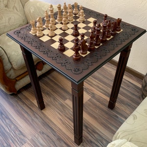 Chess set board, table, wooden classical pieces wood carving handmade family game unique exclusive Christmas gift for son husband  boyfriend