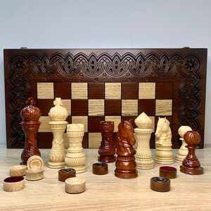 Wooden Folding Chess Board + Classic Shapes Elegant + Backgammon Chips Handmade Carving Chess Set Handmade Anniversary Gift , Christmas Dad